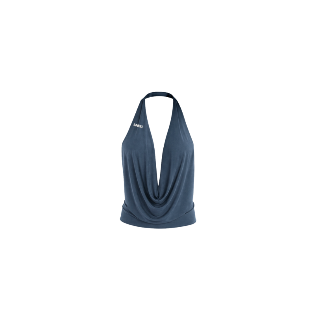 Graphite Blue Cascade cowl-neck halter top by UNDC Fashion Ghana