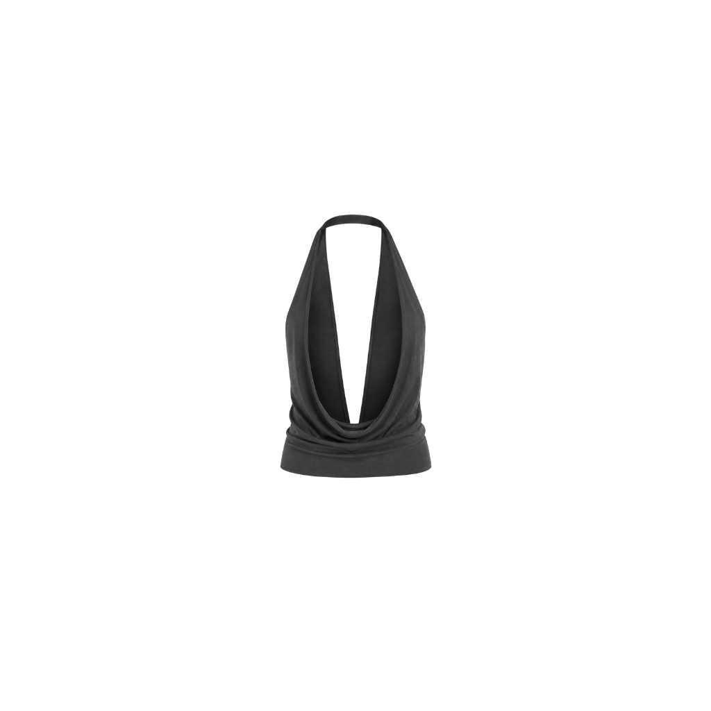 Black Cascade halter top worn by model UNDC Fashion Ghana